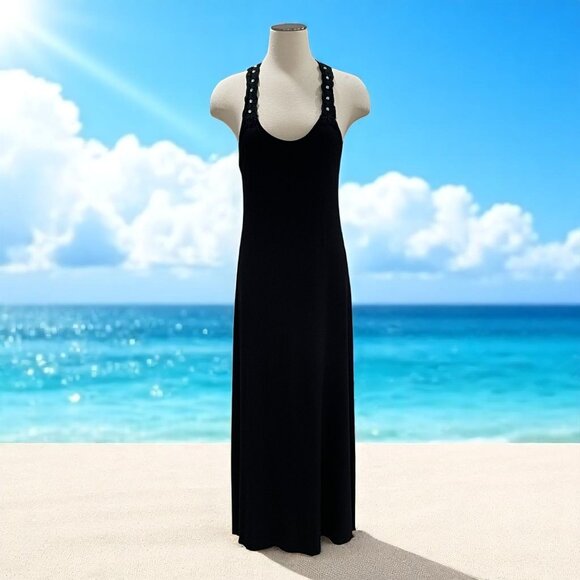 Black Crochet Rhinestone Maxi Dress Boho Summer Resortwear Y2K Festival L - Picture 1 of 12